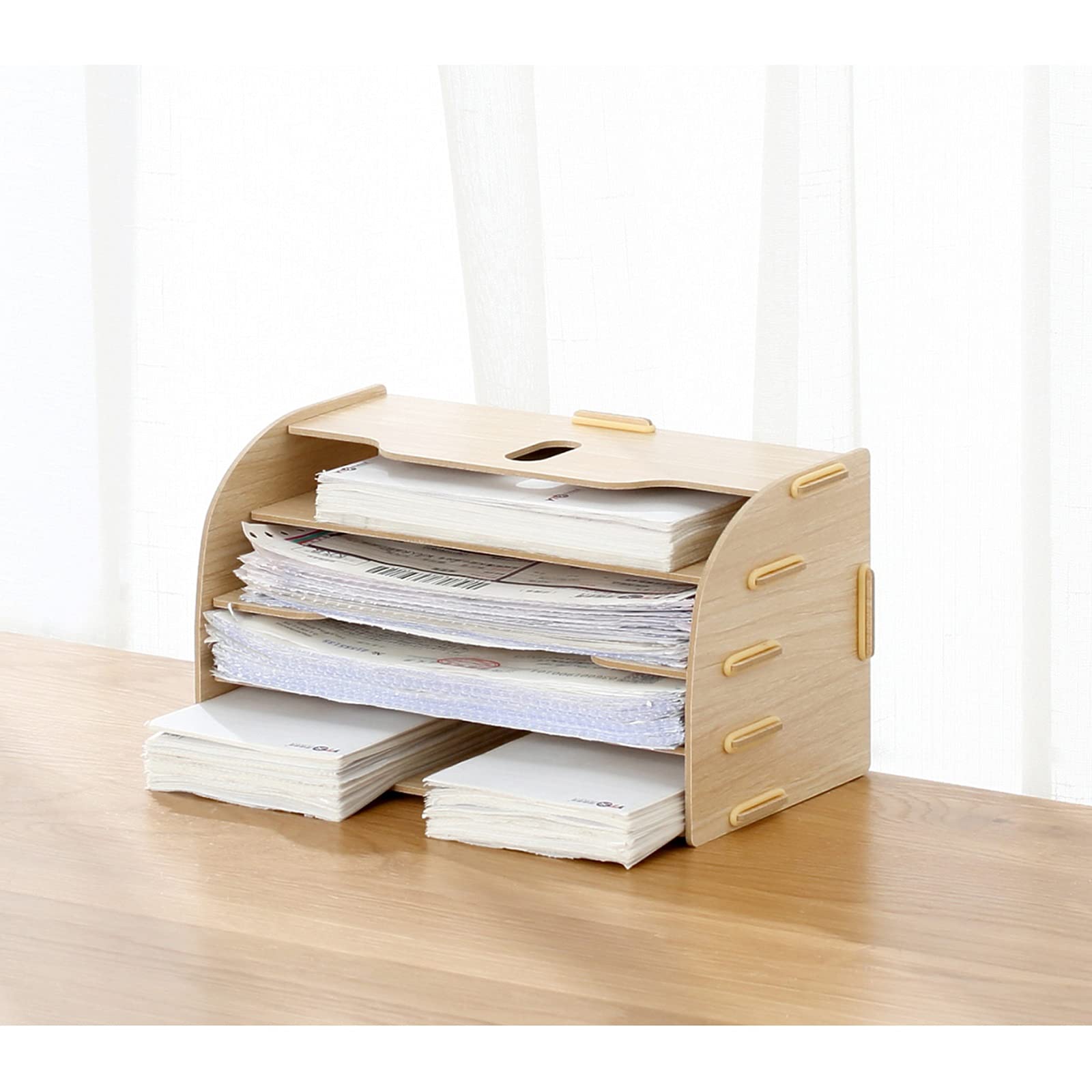 Organizador De Escritorio 4 Niveles Con Estantes De Madera | Portadocumentos Y Bandeja De Papel