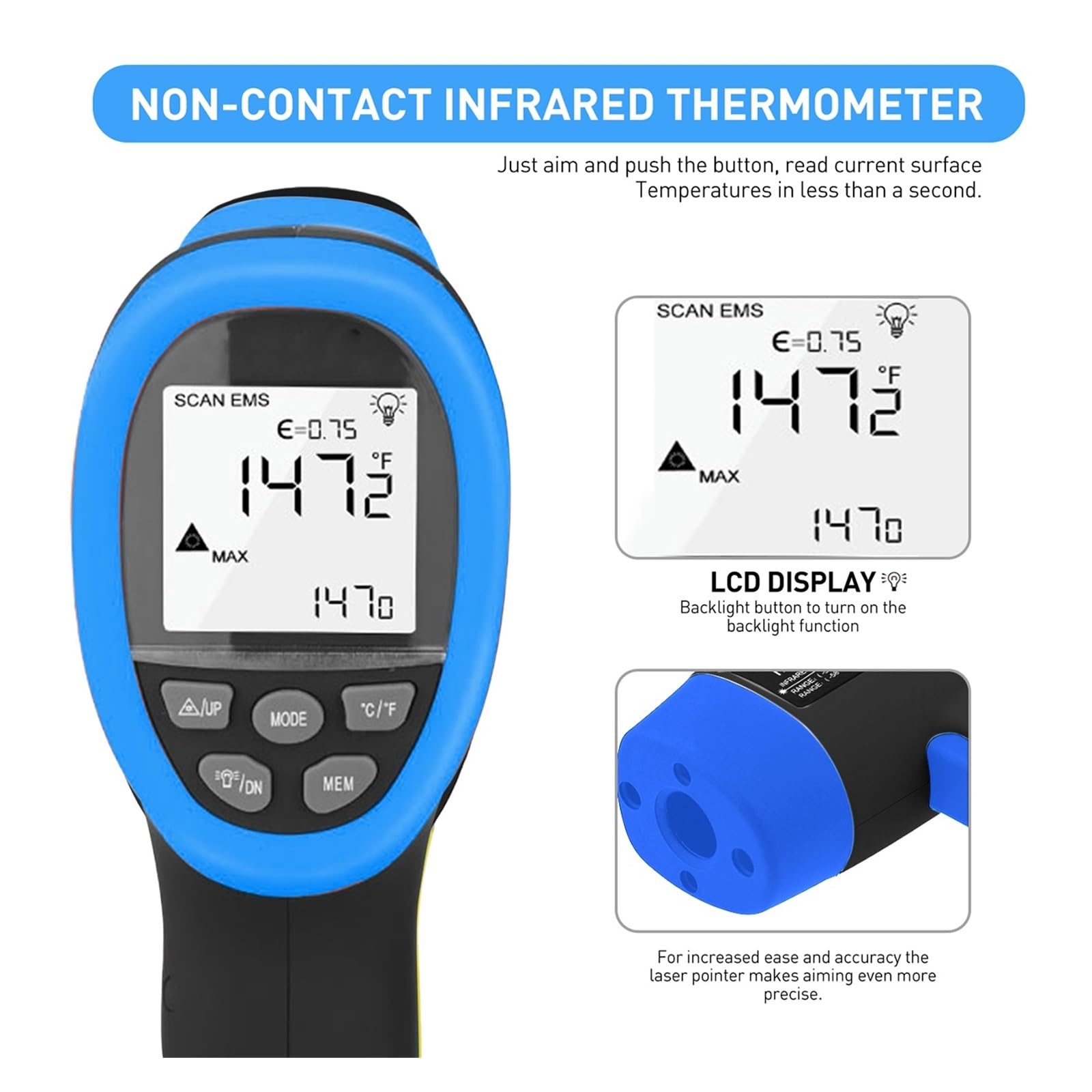 Termometro digitale a infrarossi senza contatto -58℉~1472℉ con Bluetooth for lettura istantanea in HVAC