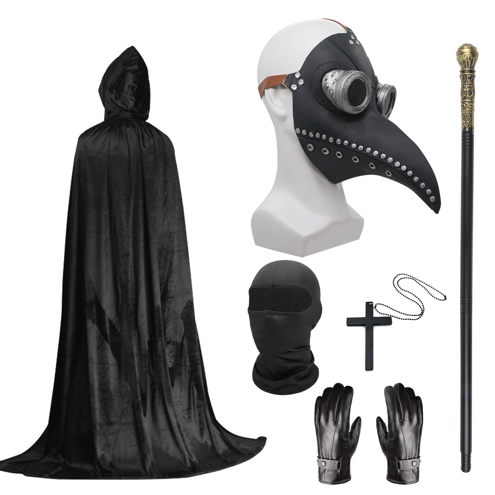 Plague Doctor Costume Set, Halloween Mask Long Nose Beak Mask Black with Black Hooded Cloak Cross Necklace Gloves Cane Full Face Mask for Halloween Party, Punk Carnival, Masquerade (B)