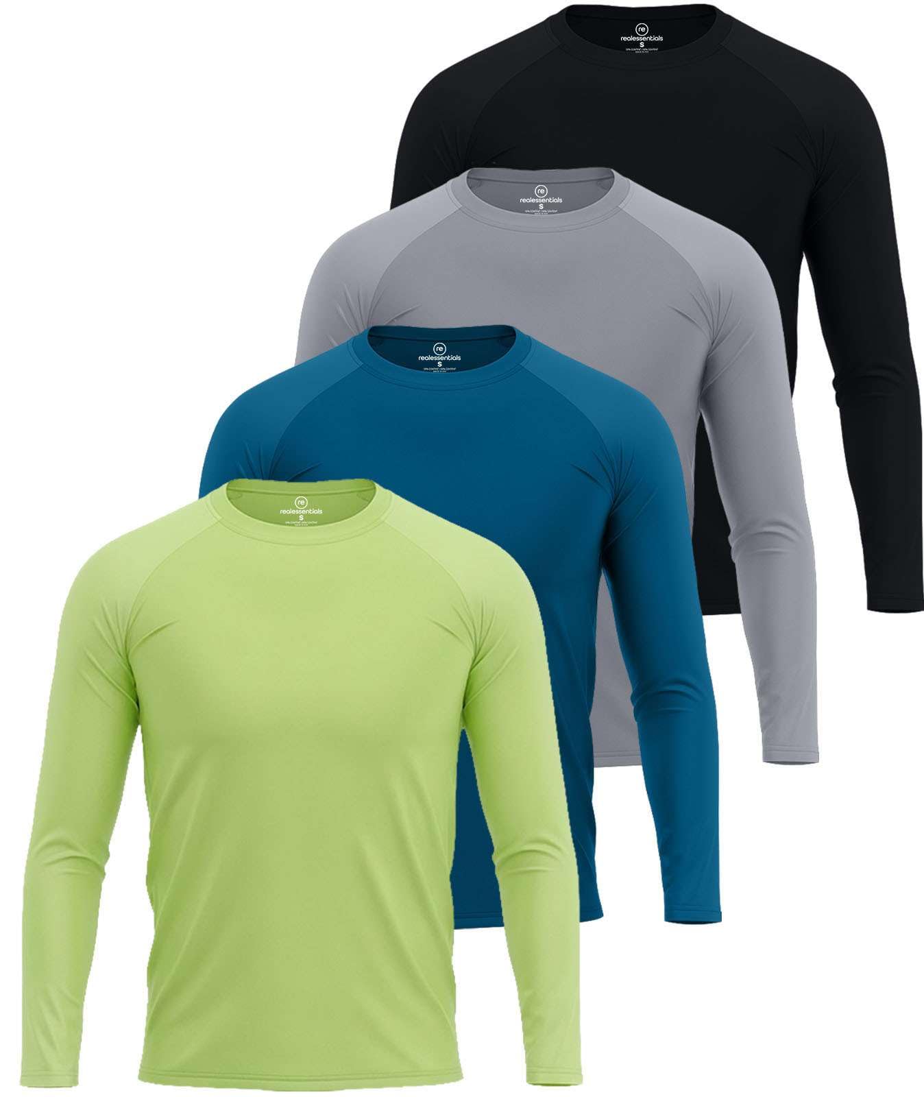 Real Essentials Paquete de 4: camiseta de protección de manga larga para hombre, UPF 50+, para natación, playa, protección solar UV, pesca, secado rápido (grande y alto)