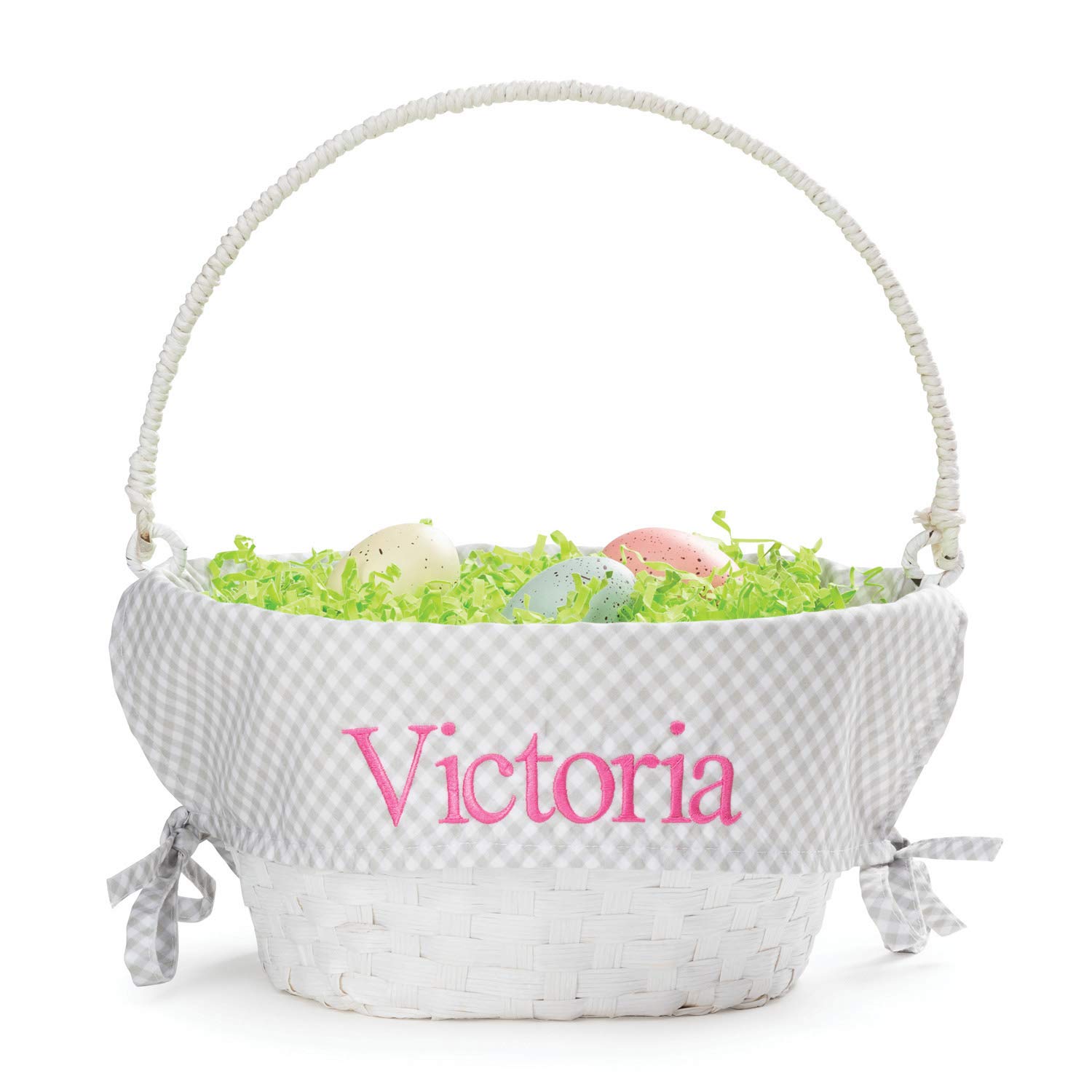 Personalized Planet Easter Basket with Gray Gingham Liner, White Basket, for Kids & Adults - Custom Name, Gift for Easter