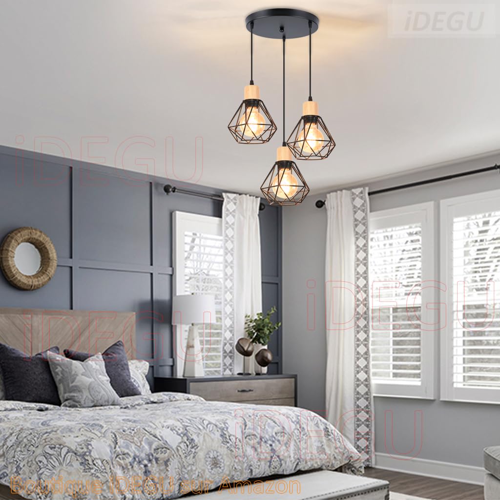 iDEGU 3 Lichten Vintage Plafond Hanglamp Fitting, Geometrische Kooi Stijl E27 Industriële Metalen Kroonluchter Lampenkap voor Slaapkamer Woonkamer Eetkamer, Zwart, 16 cm (3-Licht, Rond