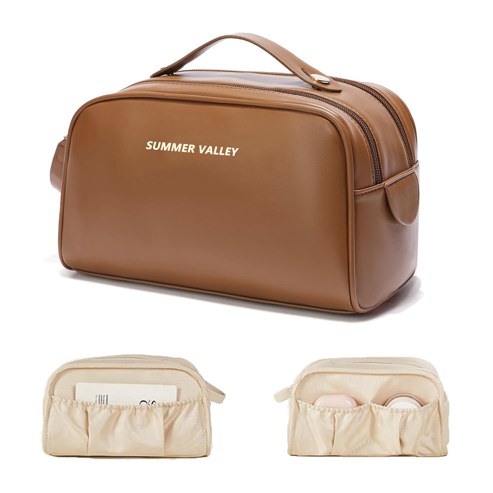 shemkdso Travel PU Leather Makeup Bag Large Capacity Toiletry Travel Cosmetic Bag for Women Waterproof Portable Pouch