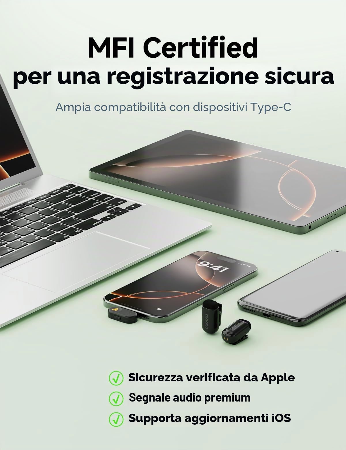 MAONO Wave T1 Mini Microfono Lavalier Wireless per iPhone 17 16 15, Android, Tablet, PC con USB-C, Cancellazione Rumore, Filtro AI, 30 Ore con Custodia di Ricarica per Video, TikTok, YouTube