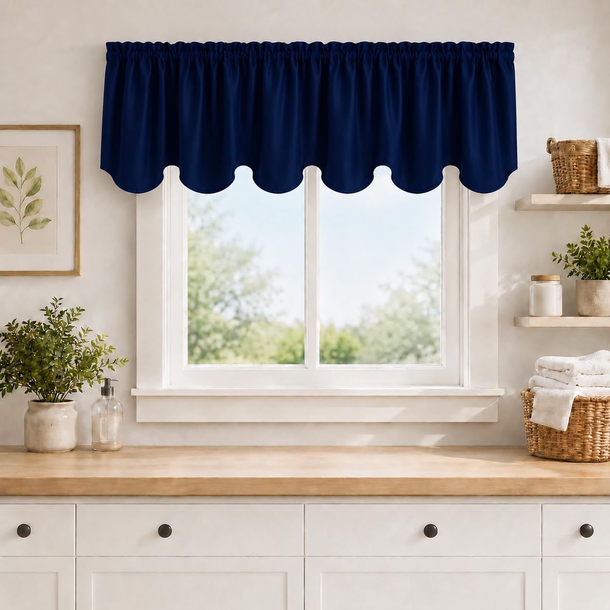 Aquazolax Navy Blue Valance Curtains for Living Room/Bedroom Small Blackout Farmhouse Window Treatment Rod Pocket Scalloped Valances Set, 52 by 18 inch