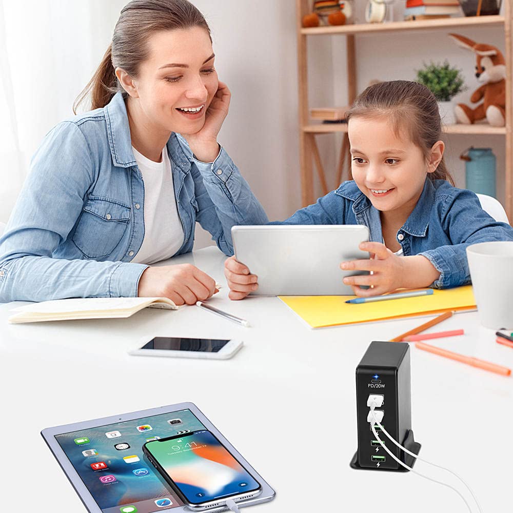 Stacja ładująca Feegar Tower 86W USB 6-portowa ładowarka sieciowa na biurko, przenośna wieloportowa ładowarka USB z 6 USB-A i USB-C PD Quick Charge QC 3.0