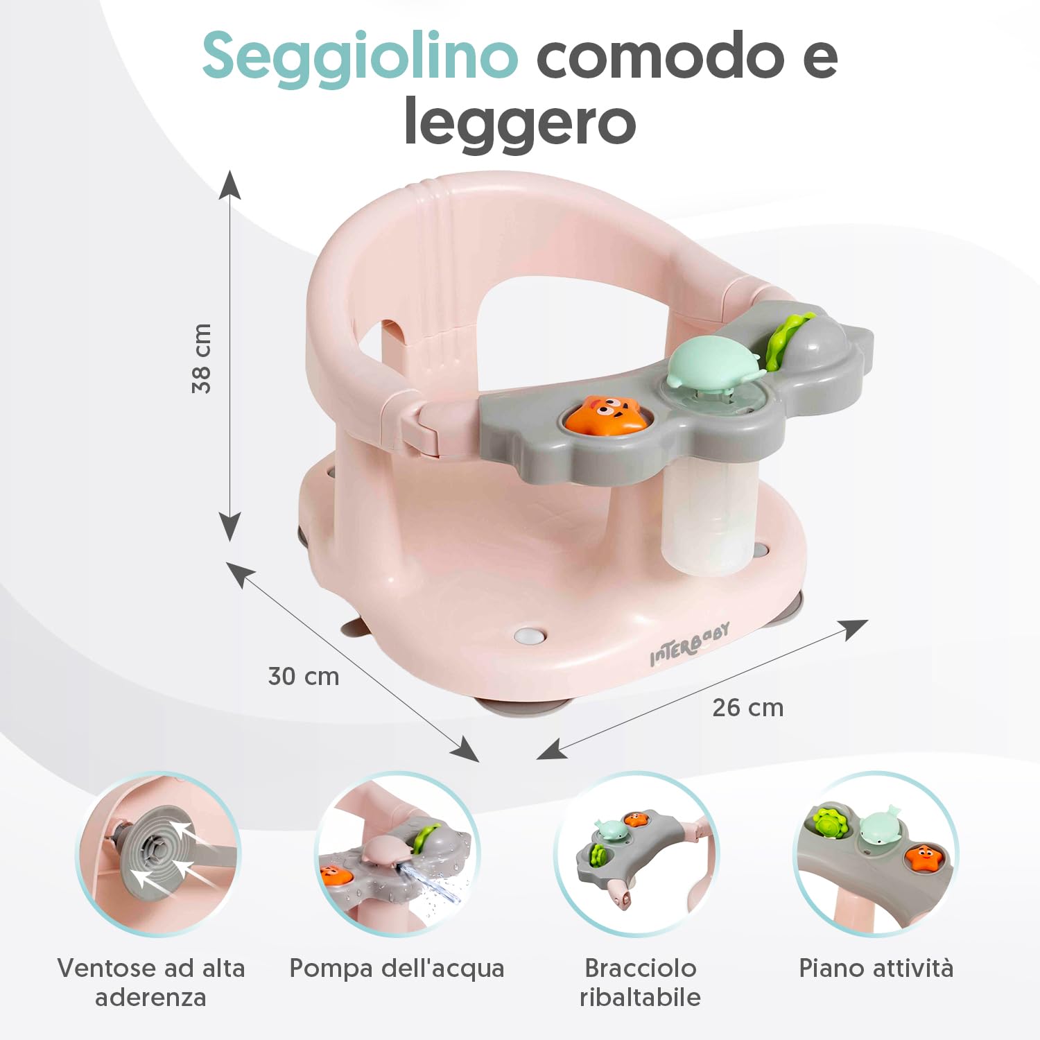 Interbaby Seggiolino da Bagno Bambino Antiscivolo con Ventose | Seggiolino Vasca e Doccia Sicuro ed Ergonomico | Sedia Bagnetto Neonato 6-24 Mesi | Seggiolino Bagno Stabile e Confortevole (Rosa)