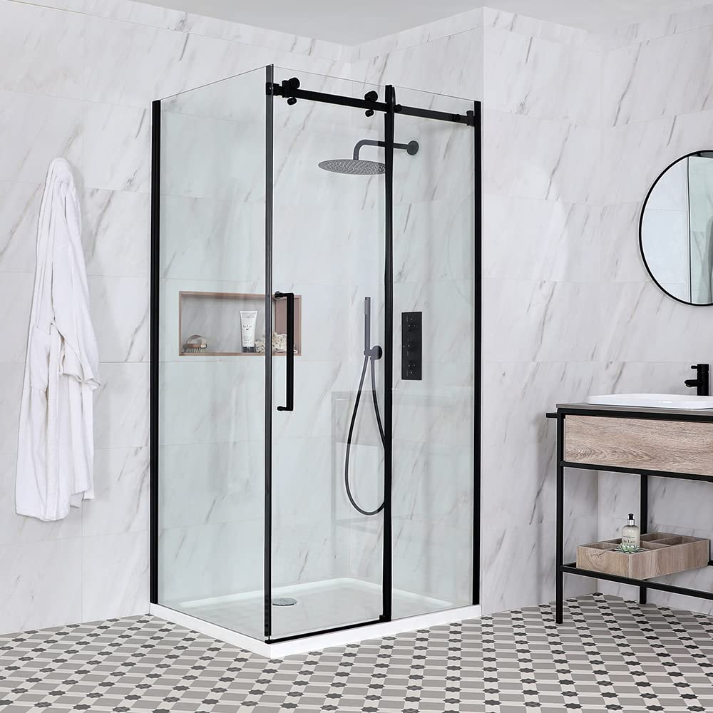 Milano Black/White Nero Corner Frameless Sliding Door Shower Enclosure Tray - 1500Mm X 800Mm