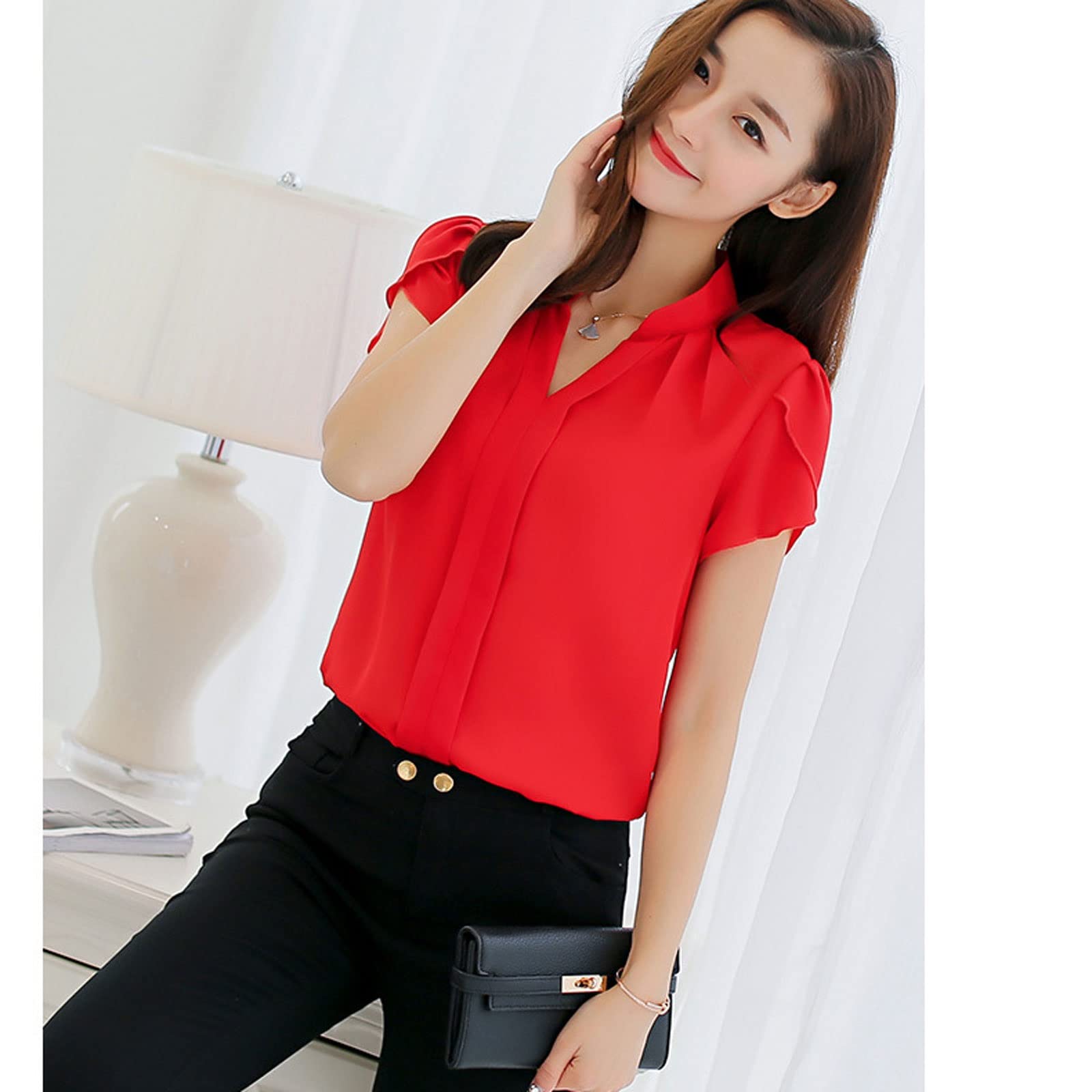 Blusa de gasa para mujer, de manga corta, elegante, formal, para oficina, ropa