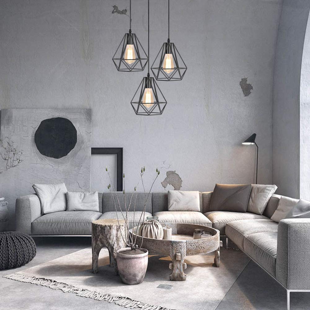 iDEGU Lampada a Sospensione Industriale, Retrò Lampadario 3 Luci Vintage E27 Lampadario a Sospensione Stile Gabbia Geometrica Lampada da Soffitto, Ø 20cm, Nero