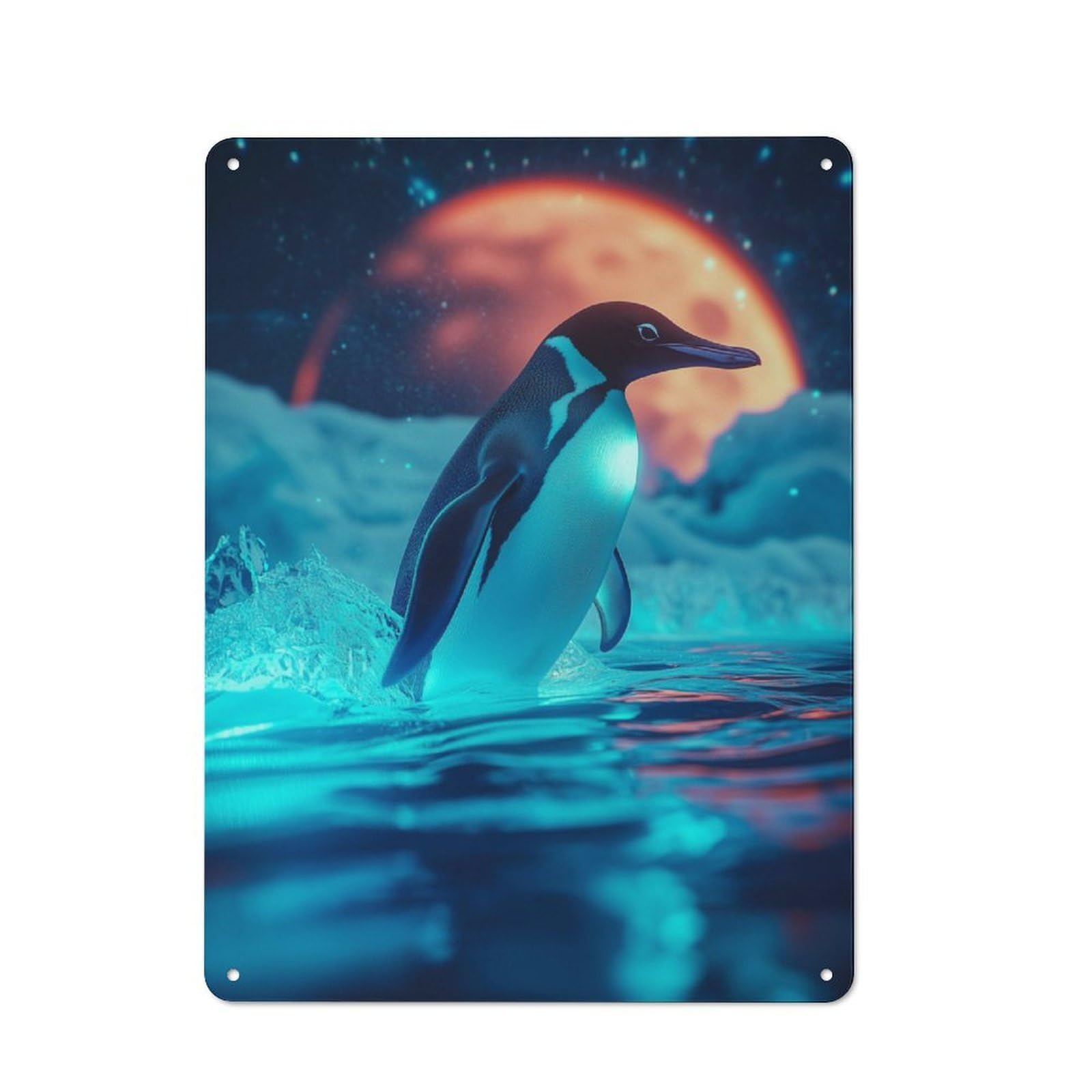 Junmoney Penguin Under A Red Moon Office Metal Sign With Design 40X30cm, Classic Studio Wall Plaque For Home Office, Reading Corner Or Bedroom