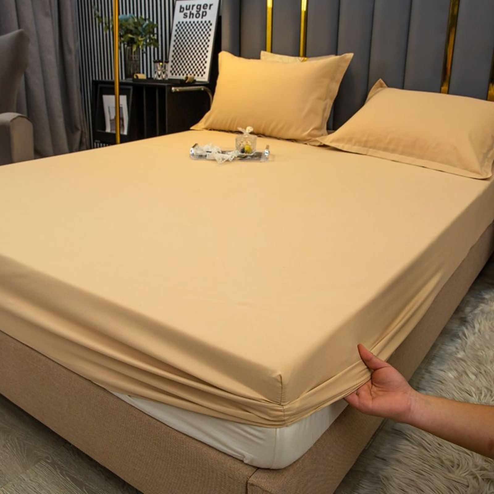 Gualiy Super King Bamboo Fiber Fitted Sheet Set, Solid Color Bottom Fitted Bed Sheets Non Slip Fitted Sheets 180x200cm, Yellow — image 1