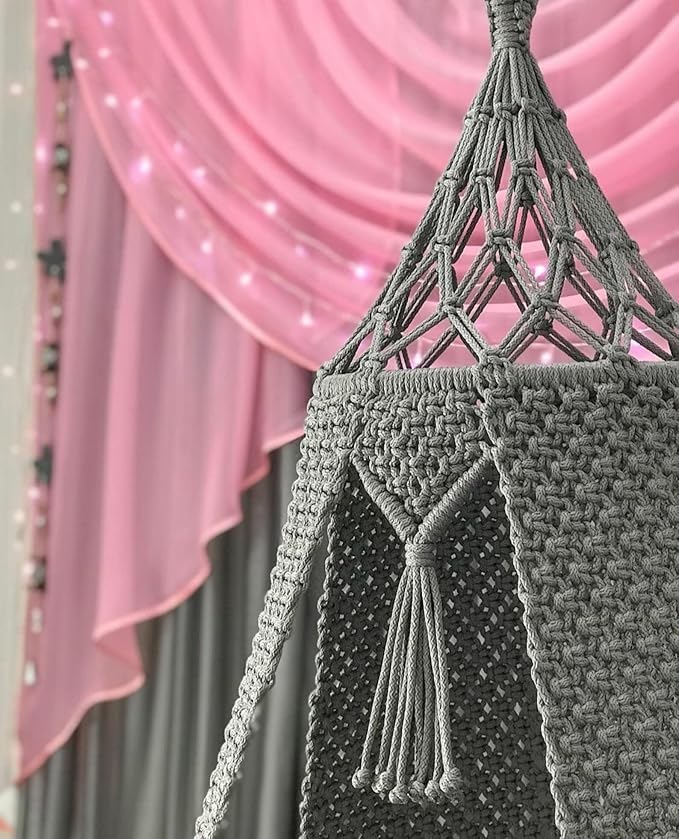 Image of Macrame Hanging Chair Swing with Cushions, Boho Indoor Round Hammock Seat Indoor & Outdoor - Patio, Balcony, Bedroom, Living Room, Garden-Kids, Adults (Grey with Stars)
