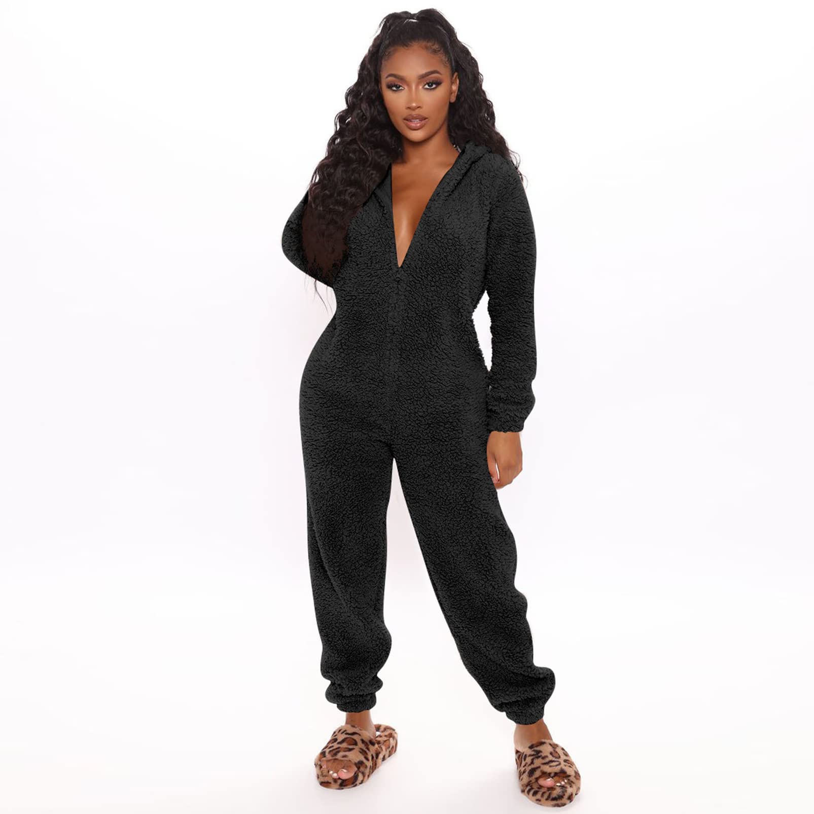 CUTTE Damen-Pyjama, Lässiger Overall mit Kapuze Fleece Langärmlig Heimkleid Nachtwäsche Herbst-Winter Niedliche Nachtwäsche