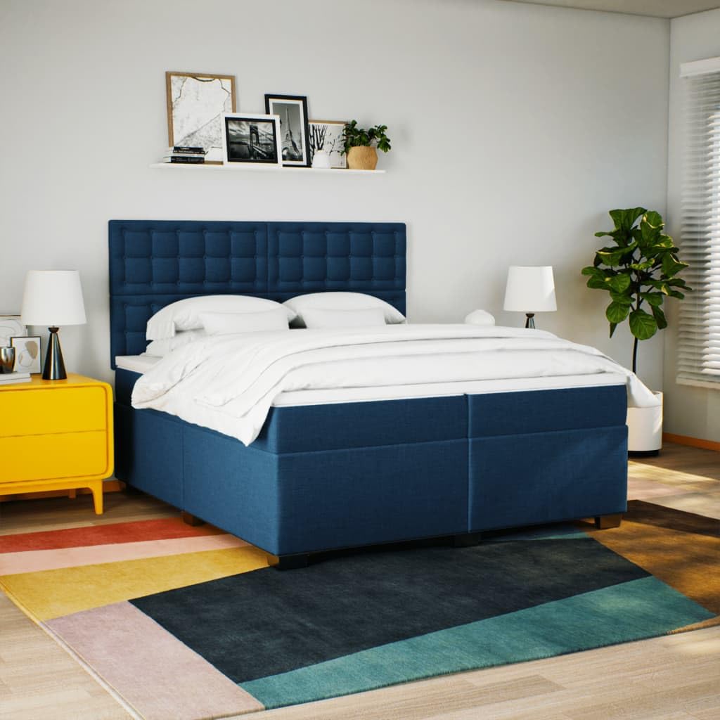 Cama con somier con colchón, azul, 200 x 200 cm, tela, cómoda cama tapizada con iluminación LED, cabecero regulable en altura y colchón de muelles ensacados para dormitorio