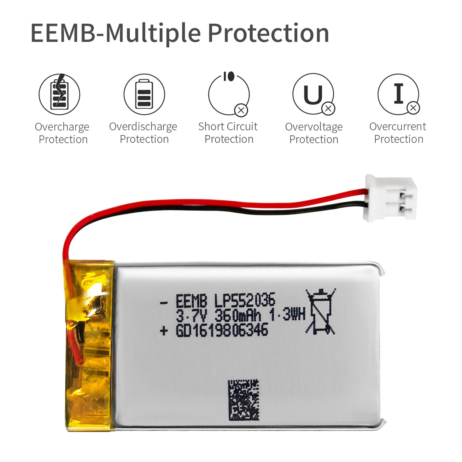 EEMB 3.7V 360mAh 552036 Bateria Lipo ładowalny litowy polimerowy ze złączem JST - Upewnij się, że polaryzacja urządzenia pasuje do akumulatora przed zakupem!!!