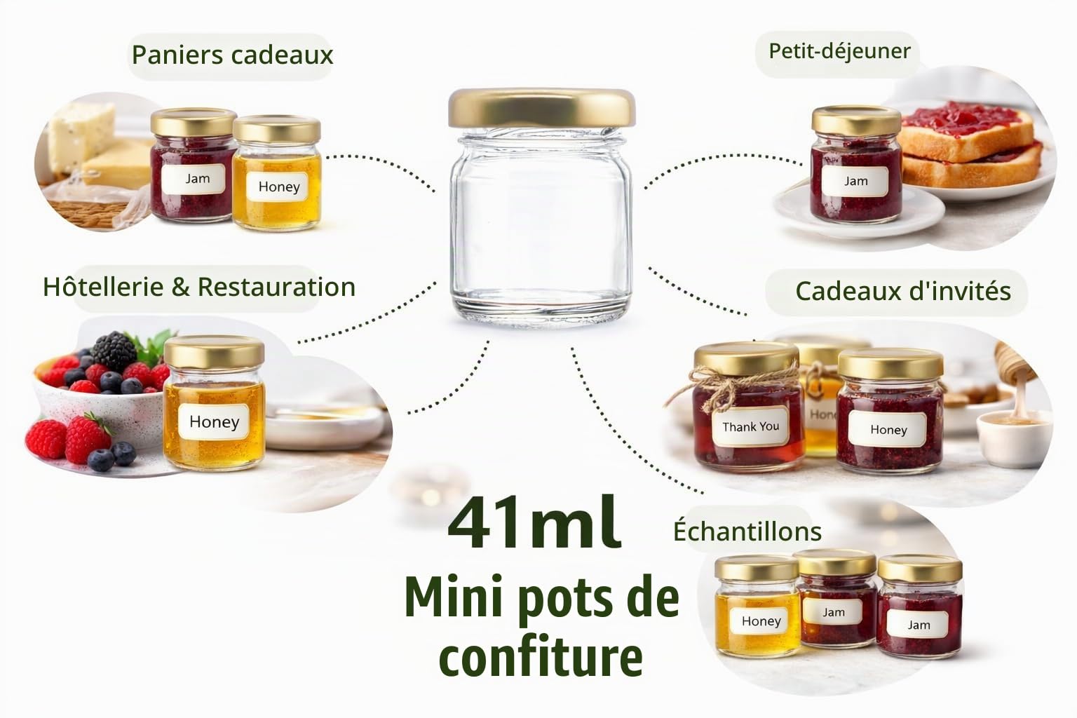 Lot de 100 mini bocaux à confiture/conserve 41 ml + couvercles dorés à visser Idéal pour échantillons, portions de petit-déjeuner, mariages et cadeaux