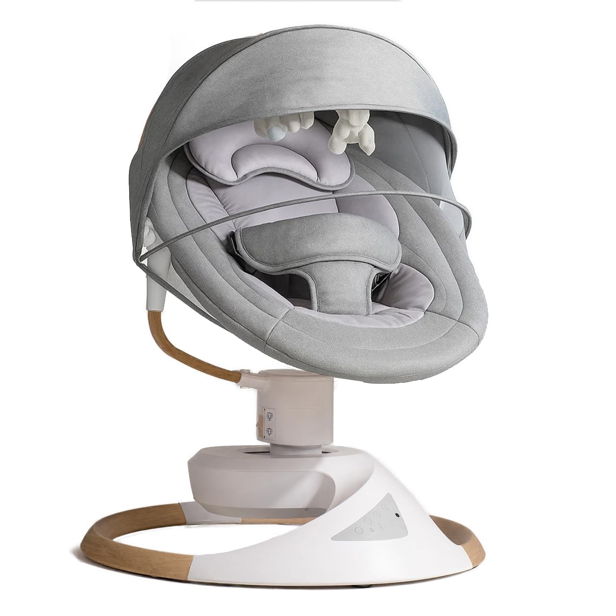 bebe2luxe Emy – Hamaca eléctrica para bebé con diseño Efecto Madera, balanceo Natural 360°, Varias Posiciones, Bluetooth, Mando a Distancia – Gris