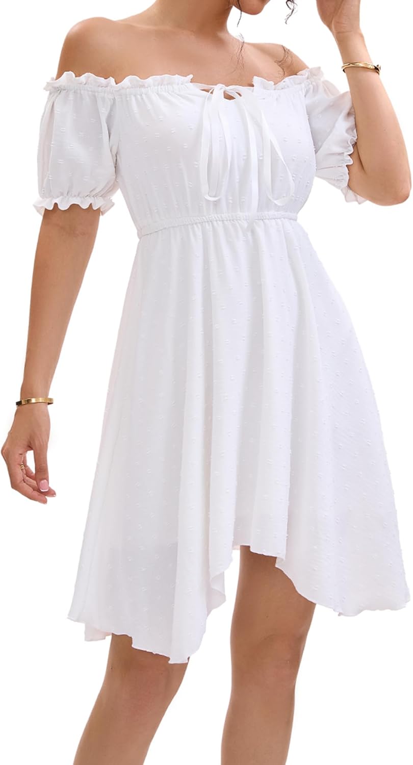 Womens Off Shoulder Ruffle Puff Sleeve Tie Up Irregular Swiss Dot Mini Cottagecore Dress - Image 2