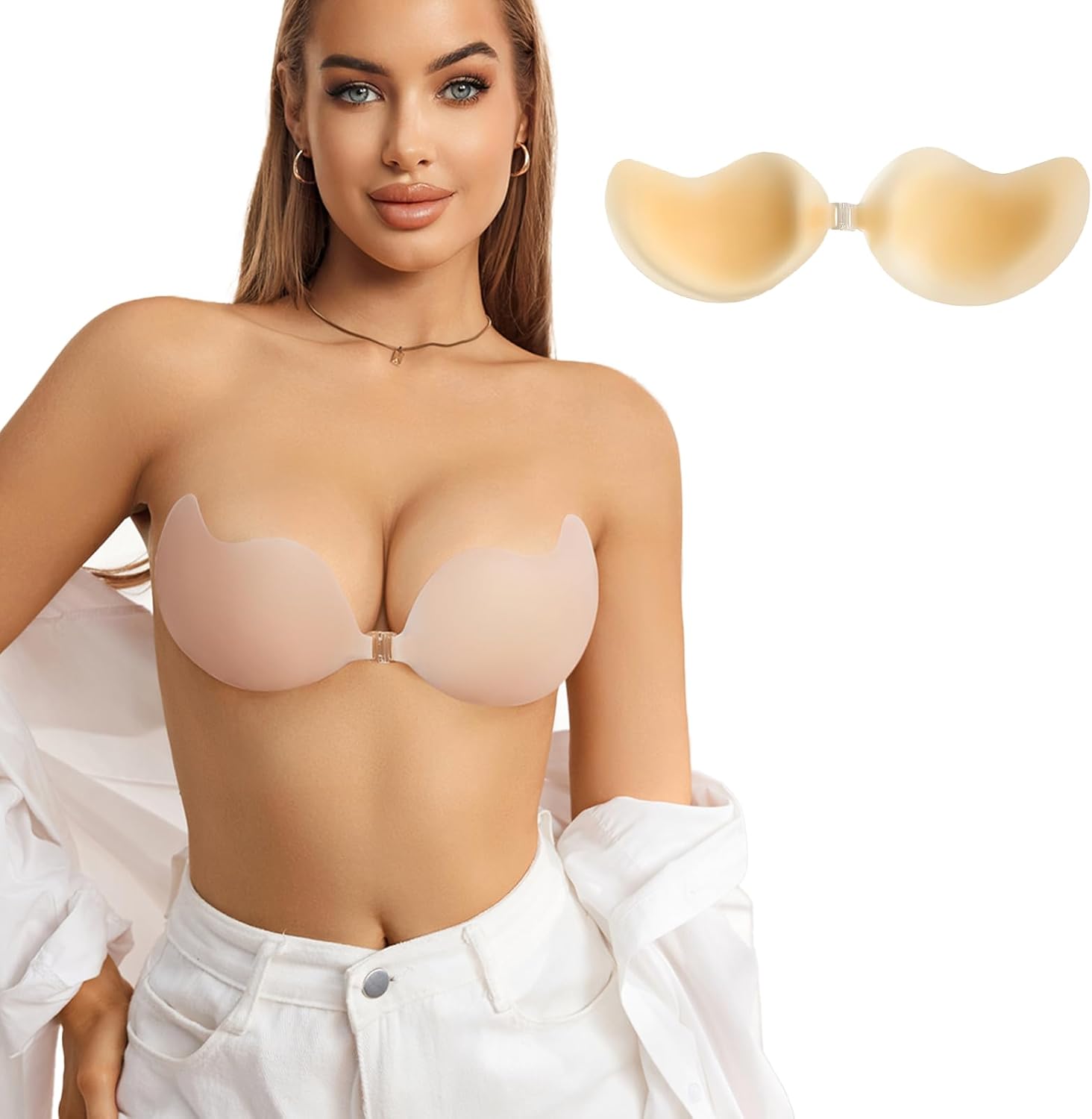 Rosefly Silicone Sticky Bra for Women,Strapless Backless Bras with Aloe AB Adhesive Bond, Adhesive Bra Push up & Invisible Seamless Body Silhouette for Plunging Dress, Cups A-D, Creme