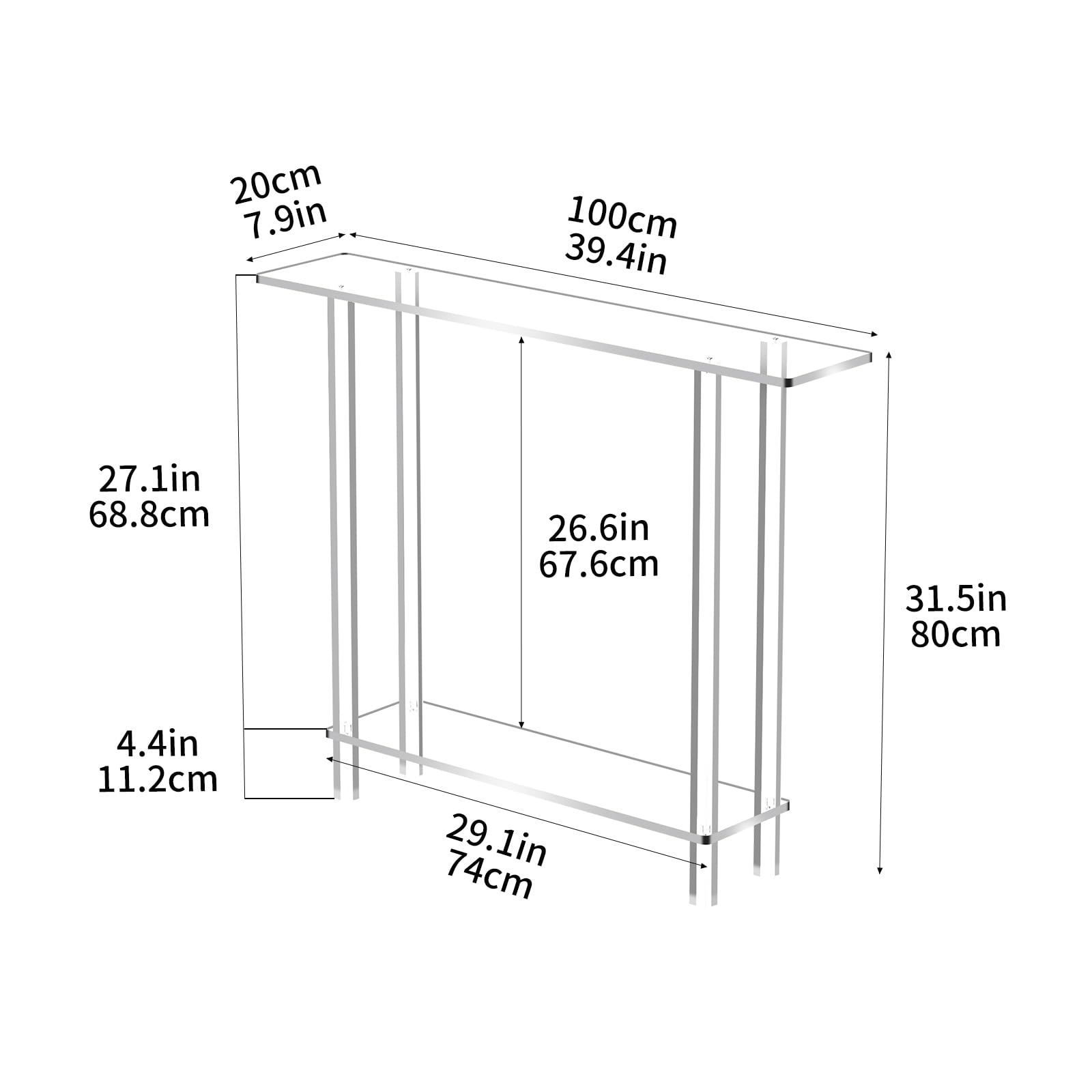 Tavolo Consolle in Acrilico Trasparente, 2 Ripiani, 20 x 100 x 80 cm, Ingresso Consolle per Corridoio, Soggiorno, Camera da Letto (Clear)