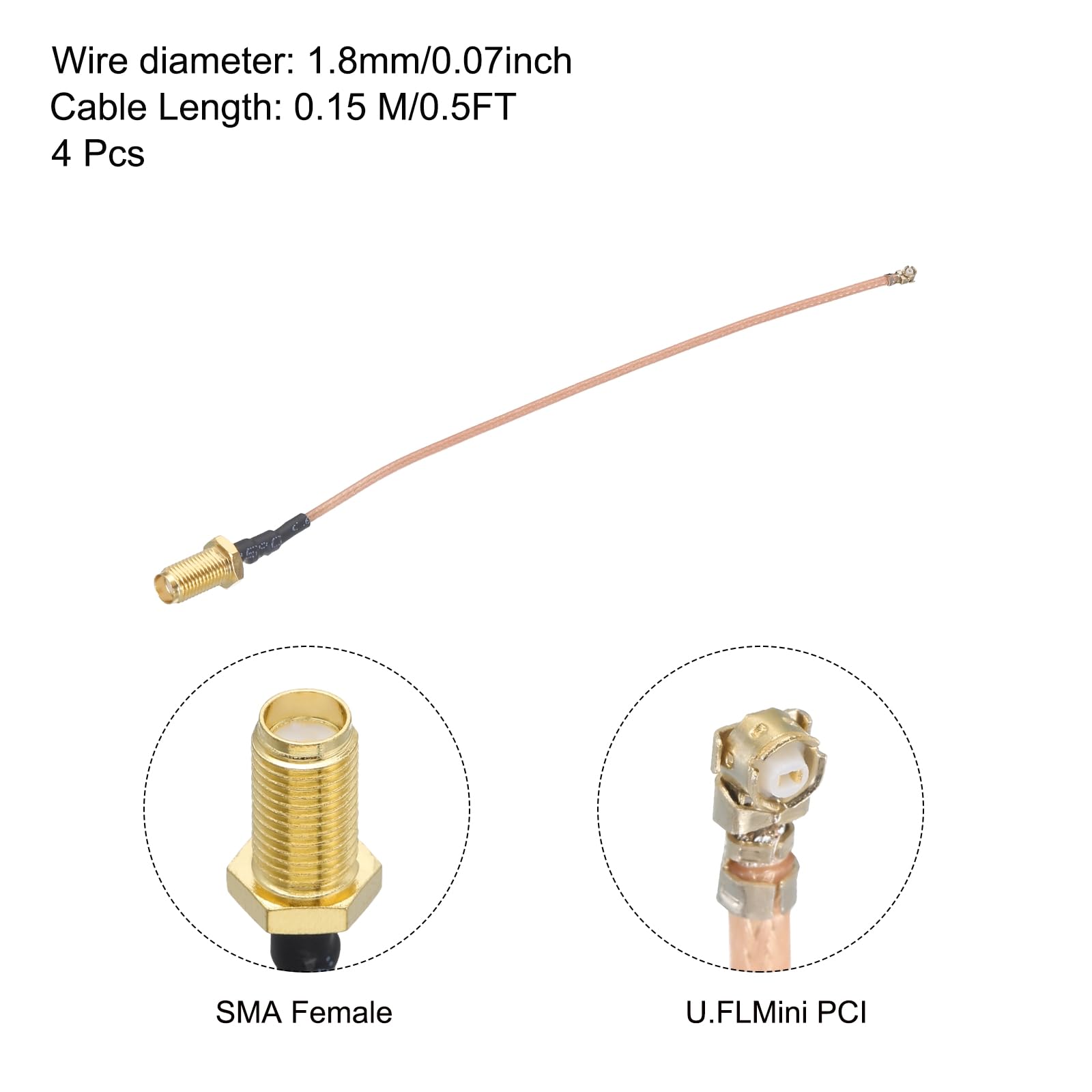 MECCANIXITY 4Pcs 0.5FT RG178 Coaxial Cables UFL(/) Mini PCI to SMA Female Low Loss Coaxial Cable for Wireless Routers Mini PCIE Network Cards PCI Wi-Fi WLAN Repeater
