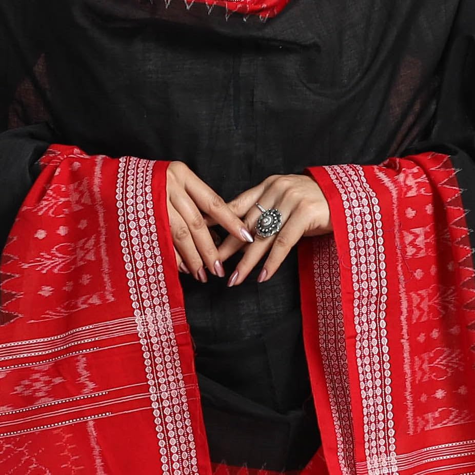 Image of Cotton Dupatta with weaving and Ikat woven border from the Weavers Stole for Girls & Women