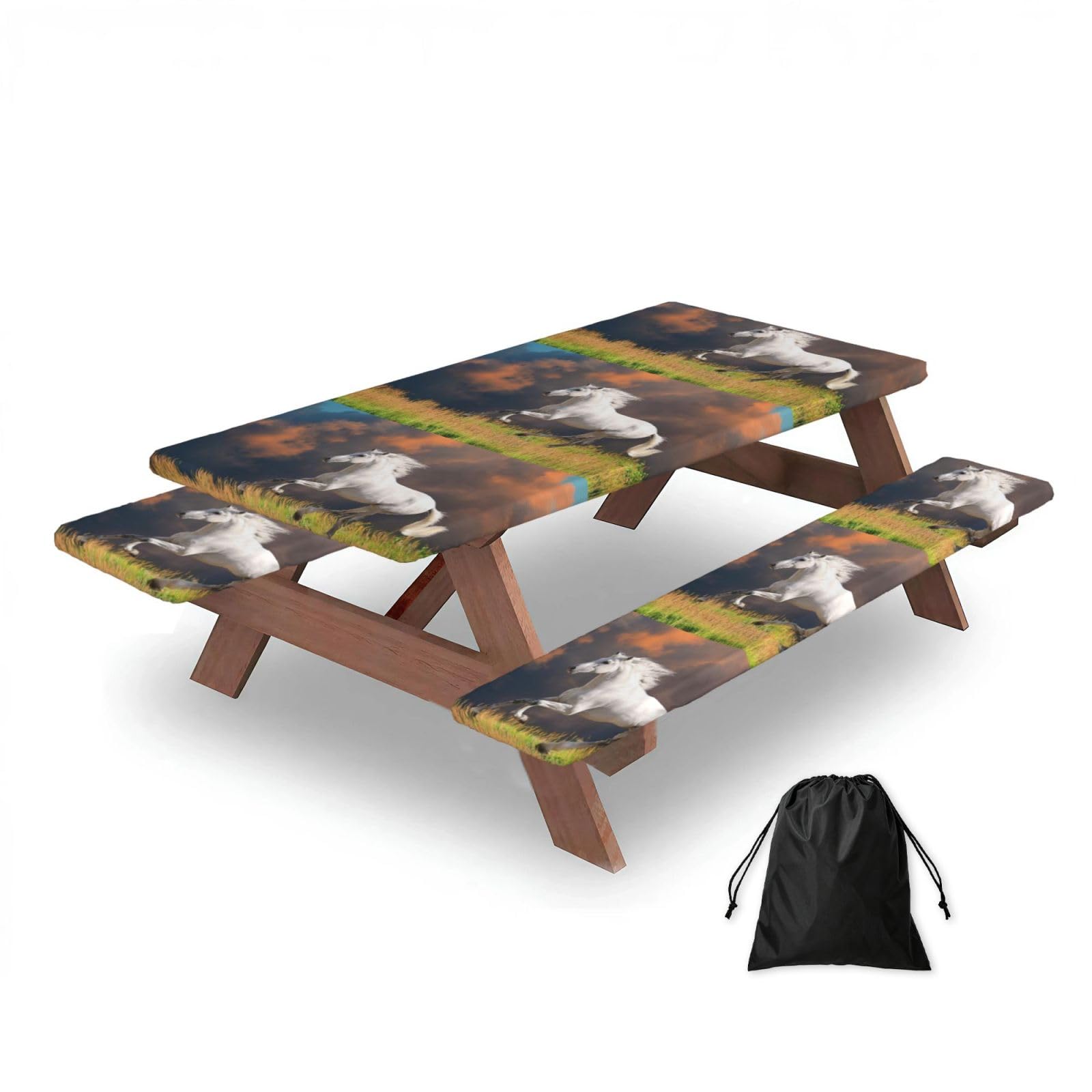 White Horses Pattern, Picnic Table Cover With Bench Covers -Waterproof Elastic Fitted Tablecloth for Garden Camping Patio 76x152cm