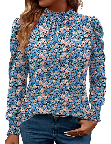 Image of LUYAA Puff Long Sleeve Shirts for Women Tops Dressy Casual Frill Mock Neck Smocked Cuffs Blouses