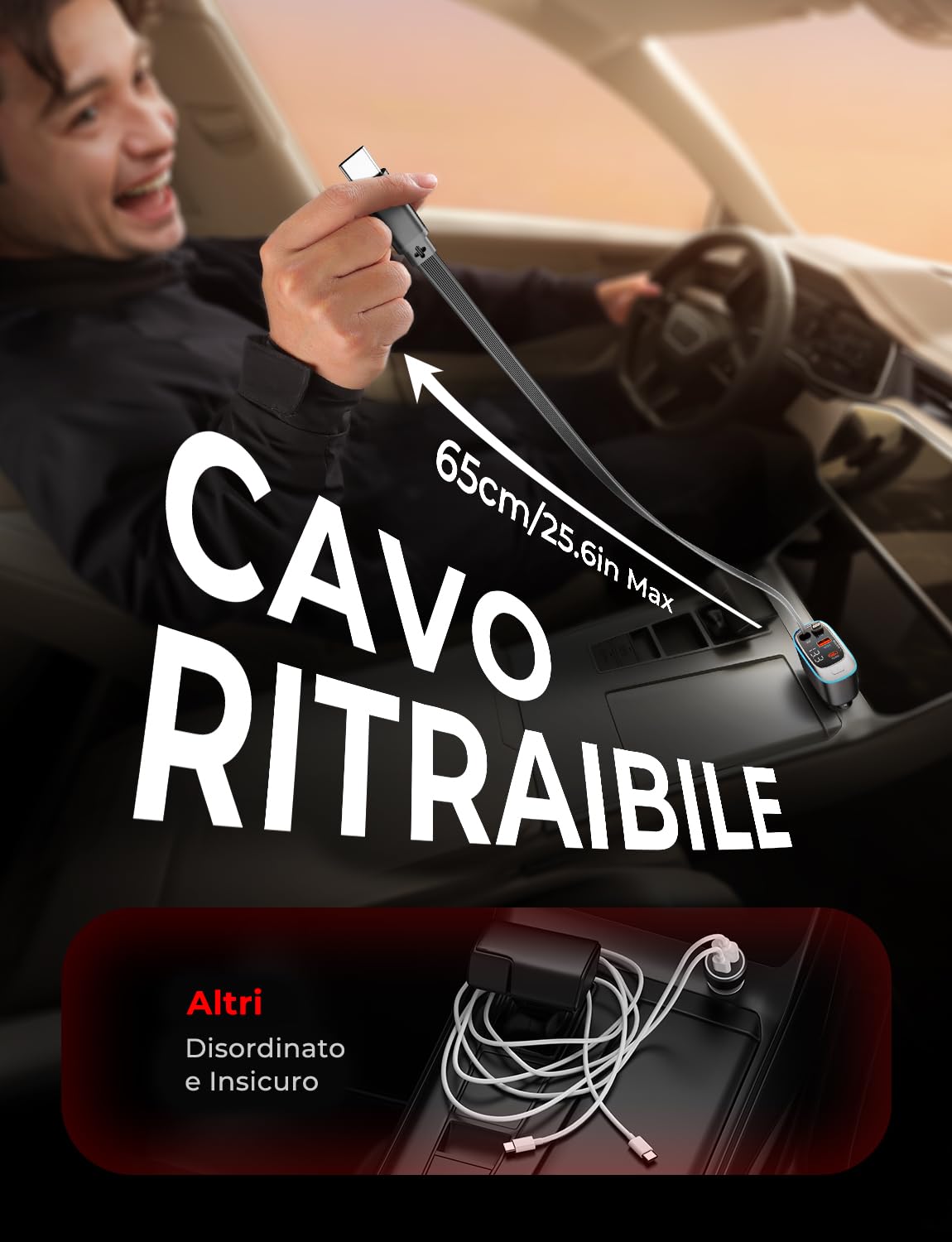 Rolgno Retrattile Caricatore Auto, [4 Porte Ricarica Rapida] 72W Presa Accendisigari USB C Auto, PD30W & QC3.0 Carica Batteria per Auto Cellulare, [Cavi Doppia da 65cm] USB Auto per iPhone/Galaxy/iPad