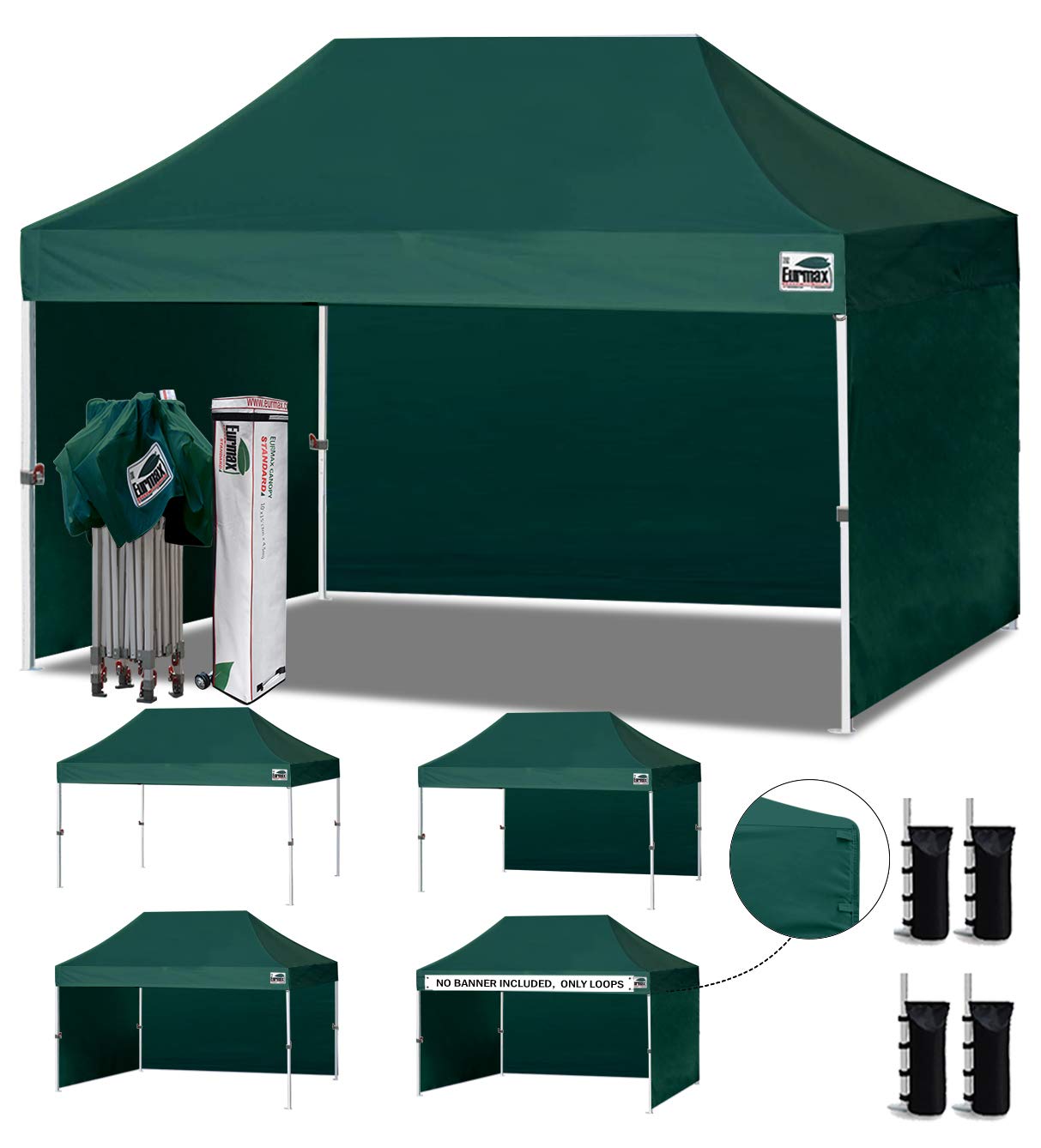 Eurmax USA 10x15 Pop Up Canopy Tent,Commercial Tent with Patented No-Tip Rolling Bag,4 Zippered Removable Walls,UV &amp; Water Resistant Canopy Top,Heavy Duty Outdoor Gazebo,Instant Shelter(Forest Green)