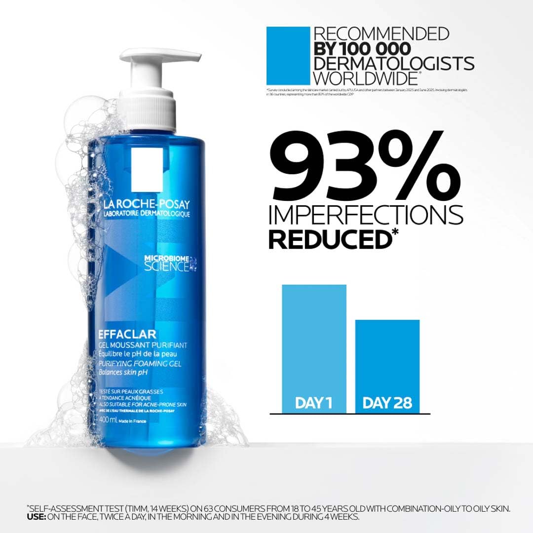 La Roche-Posay Effaclar Purifying Foaming Gel Cleanser 400ml Value Size – Daily Face Wash for Oily & Blemish-Prone Skin, Soap-Free, Removes Oil & Impurities Without Drying, Family & Long-Lasting