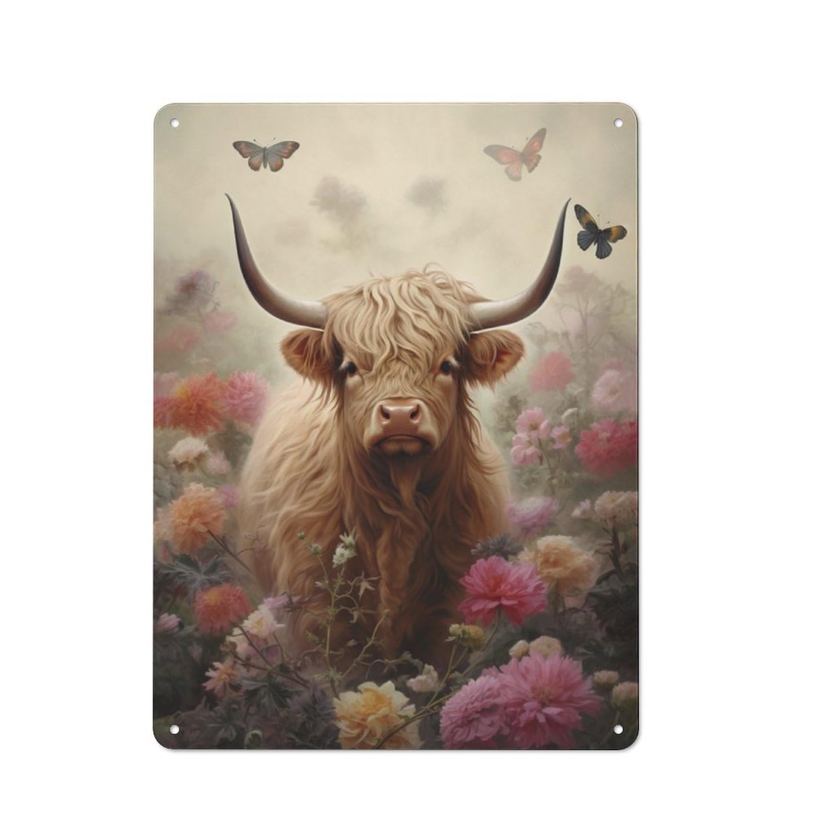 Cute Floral Highland Cow Rustic Metal Sign 40x30cm, Country Vintage Country Wall Plaque for Cottage, Kitchen, Hallway Or Breakfast Nook