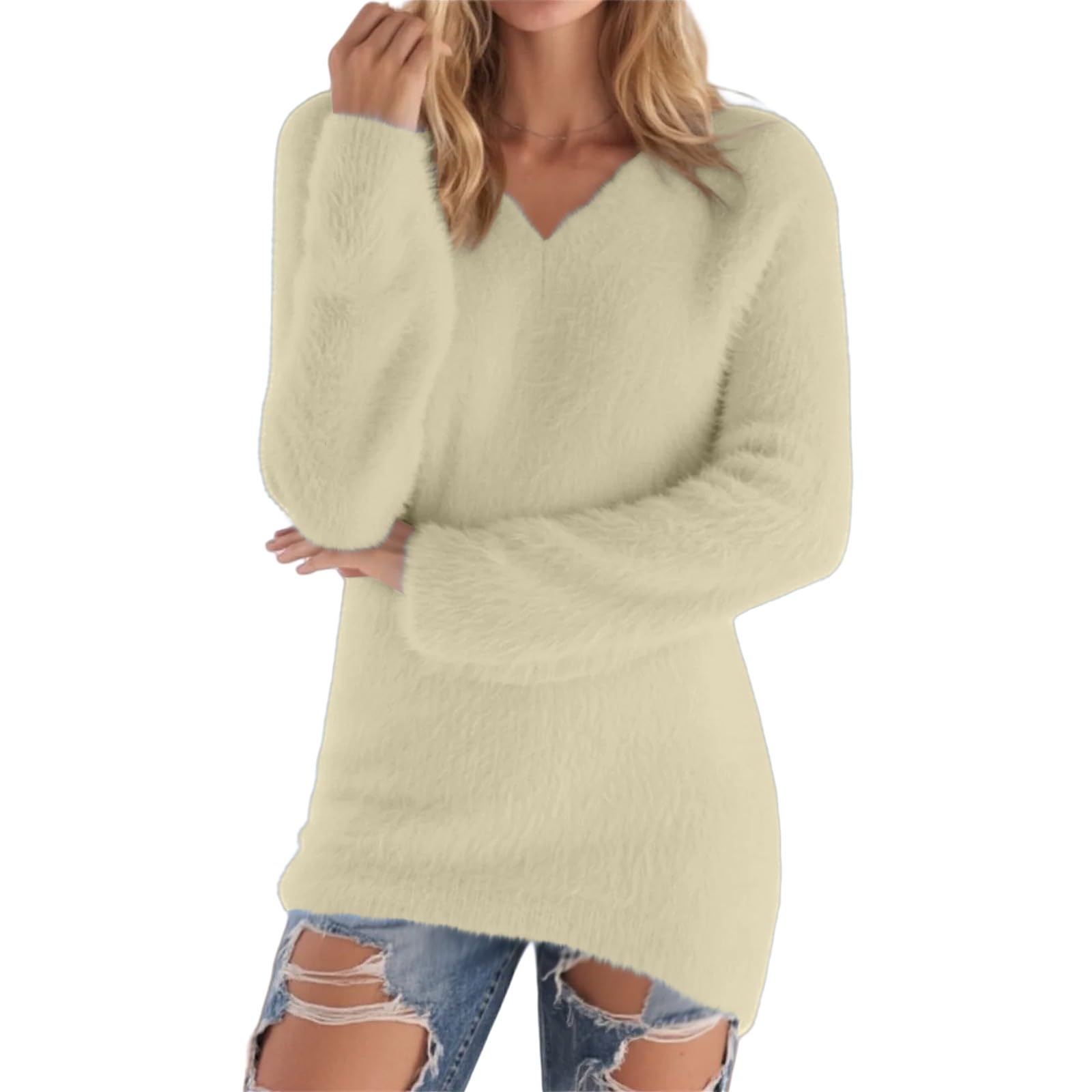 Womens Cute Sweaters Casual V Neck Fleece Pullover Long Sleeve Thermal Soft Fuzzy Sweater Winter Clothes 2025