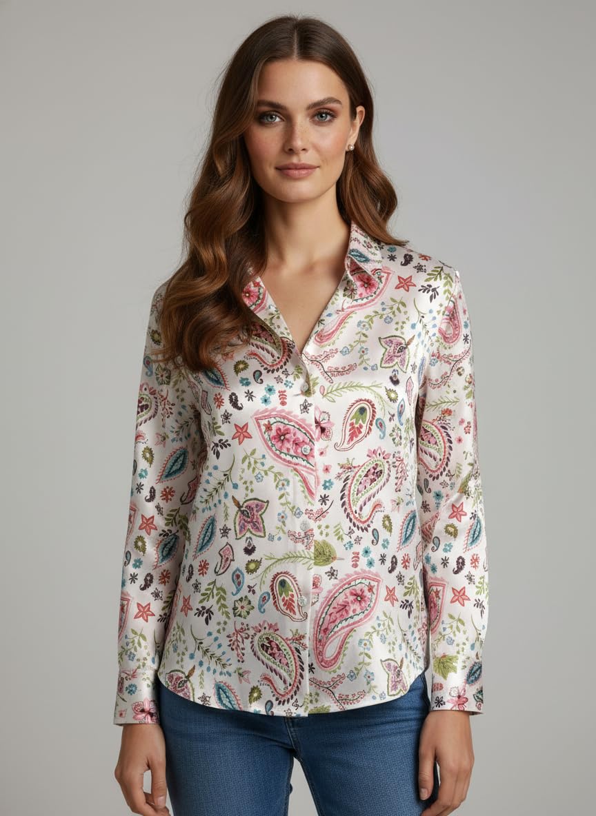 ANNI Designer Bedrucktes Damenhemd aus Baumwollmischgewebe, langärmelig, normale Passform, Kragen, legere Bürokleidung, elegante Western-Kleidung für den Alltag, Hochzeit, Party