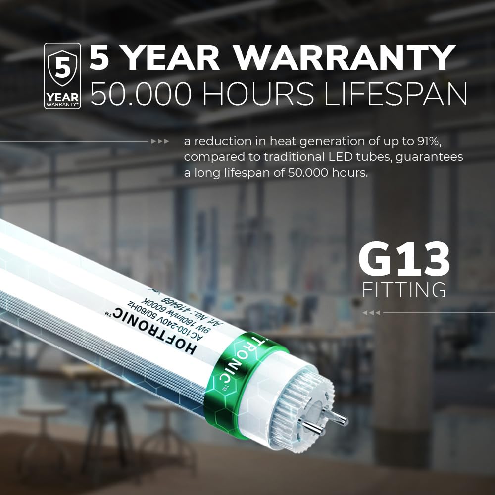 HOFTRONIC - Lámpara LED T8 para ambientes húmedos, IP65, 60 cm, 6000 K, 9 W, 2880 lm, 160 lm/W, incluye tubos LED sin parpadeos conectables - Luz para ambientes húmedos.