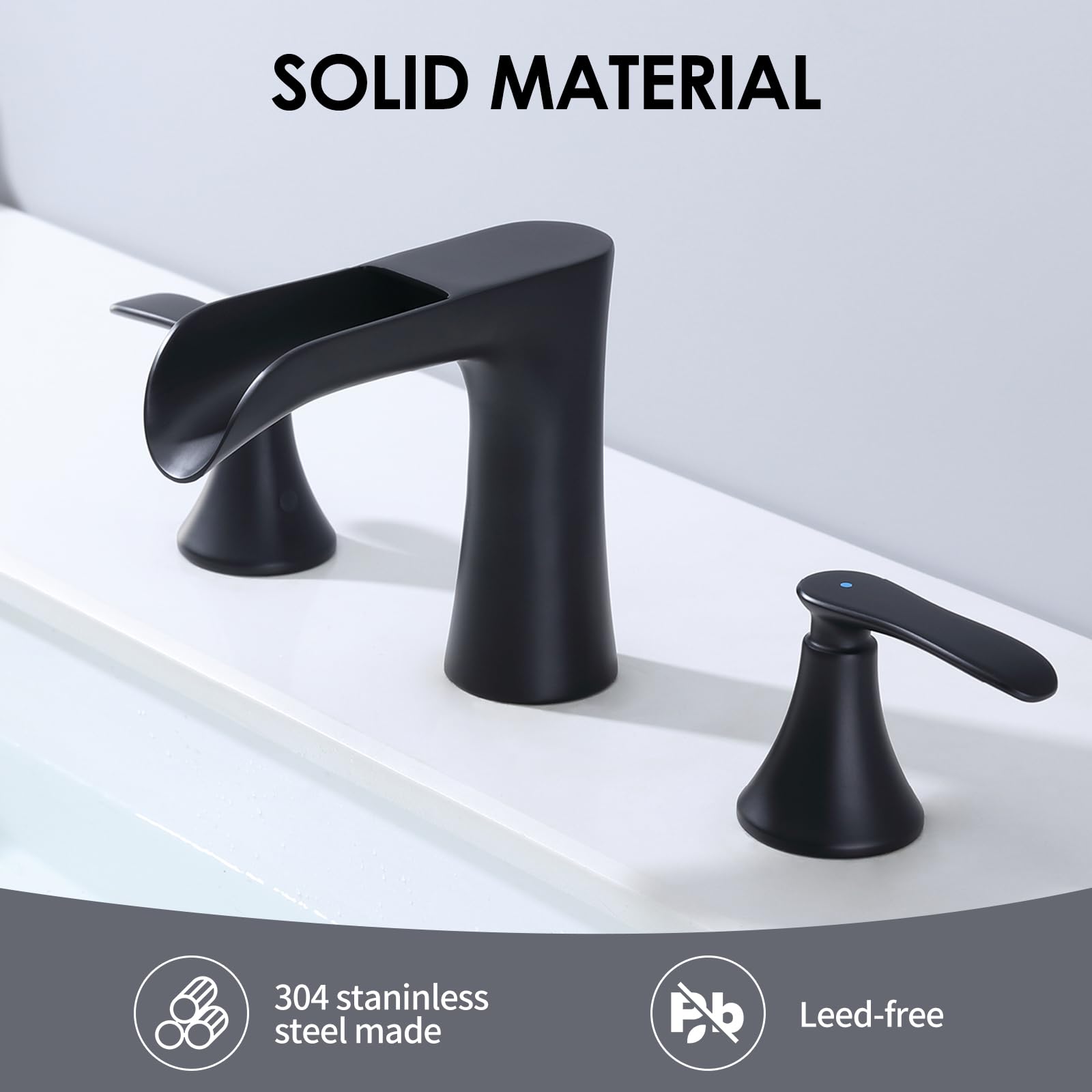 Two Handle 8inch Waterfall Bathroom Faucet Black Waterfall Faucet Widespread Bathroom Faucet Matte Black — view 2