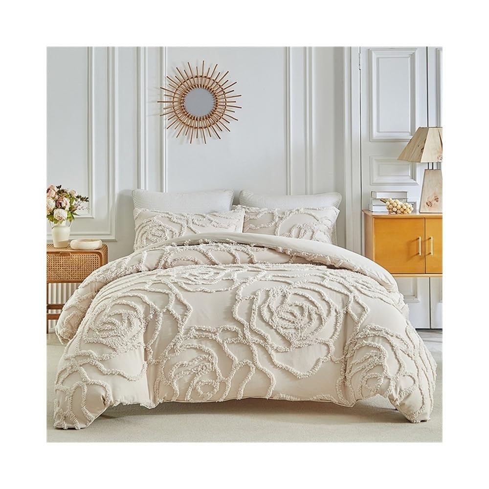 VHKJewE Rose Pattern Tufted Textured Duvet Cover Set 3-Piece Soft Cozy Bedding Quilt with Zipper Closure(200 * 200cm)