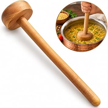 Wooden Dal Masher & Ghotni, Traditional Indian Hand Masher with Long Handle for Lentils, Dal, Cooked Vegetables & Soft Foods, Natural Wood Kitchen Tool