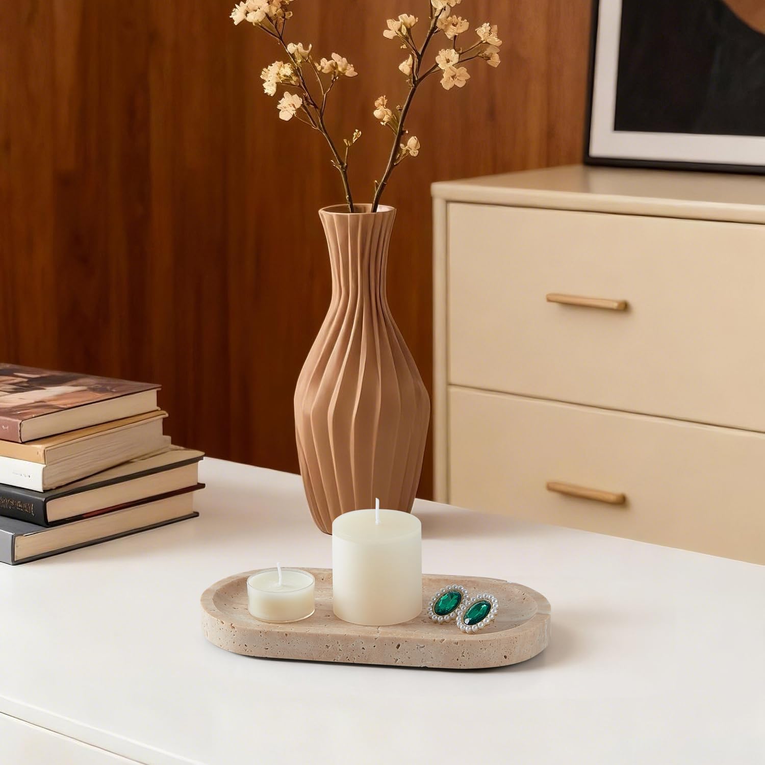 Travertine Tray, Marble Tray for Bathroom countertop,Non-Ceramic/Non-Resin，Stone for Storing Perfume, Cosmetics and Jewelry 7.87 * 3.9inch （Travertine）