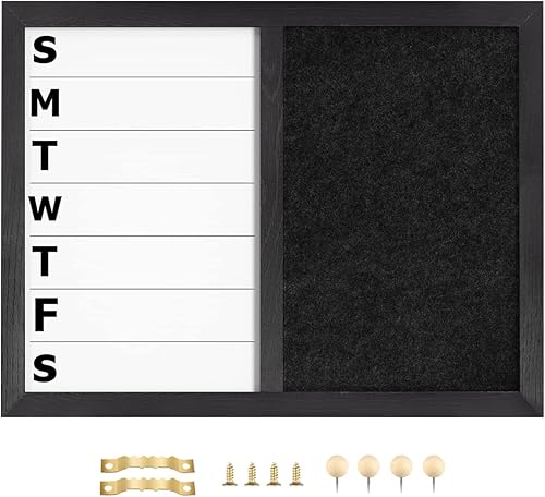 Pizarra blanca magnética semanal de borrado en seco y tablero de fieltro, marco de madera negra, superficie magnética para oficina en casa y