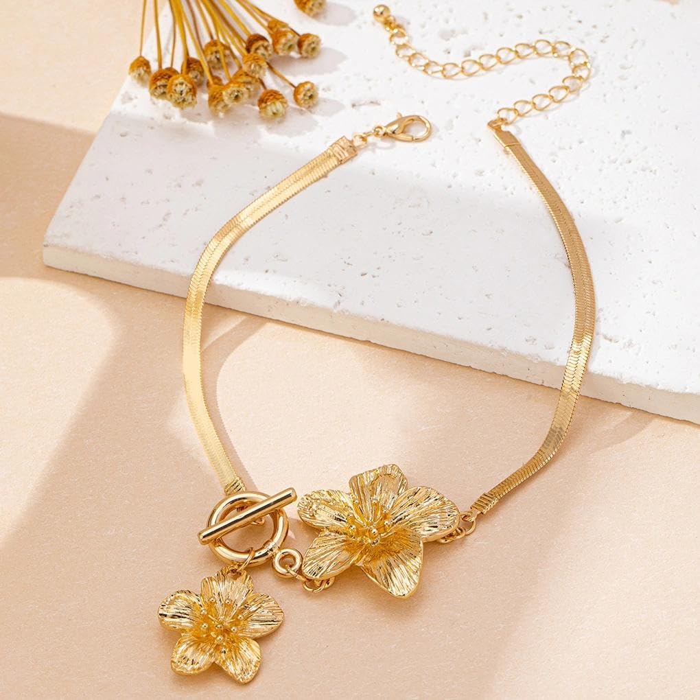 FUTIMELY Gold Chunky Flower Arm Bracelet for Women,Boho Double Floral Toggle Statement Arm Cuff Bangle Trendy Adjustable Jewelry,Beach Vacation Accessories