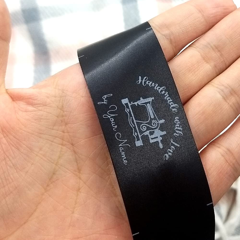50pcs Custom Logo Clothing Label Personalized Sewing tag Black Fabric Handmade Business Sewing Machine Design Black Silky Satin end fold tag Flat Sewing sew in Label