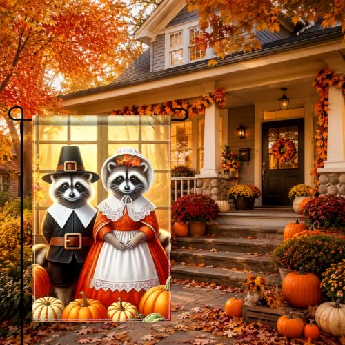 Image of BlissYard Thanksgiving Fall Garden Flag Raccoon Pumpkin 12x18 Inch Decor | Double sided polyester, Thanksgiving raccoon pumpkin design, thanksgiving yard decorations and seasonal porch decor