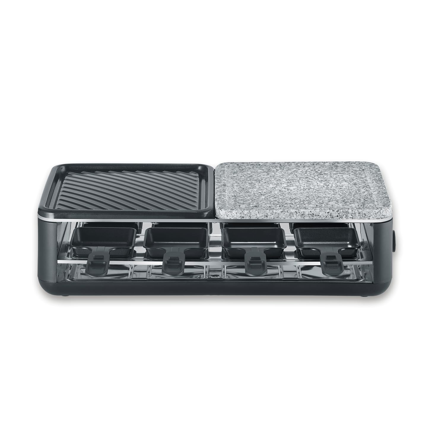 SEVERIN Raclette Grill, 1300W, 8 Padelline Antiaderenti Extra Profonde, Piastra Pietra Naturale e Ceramica, Temperatura Regolabile, 49,0 x 25,0 x 14,0 cm, Nero - RG 2366
