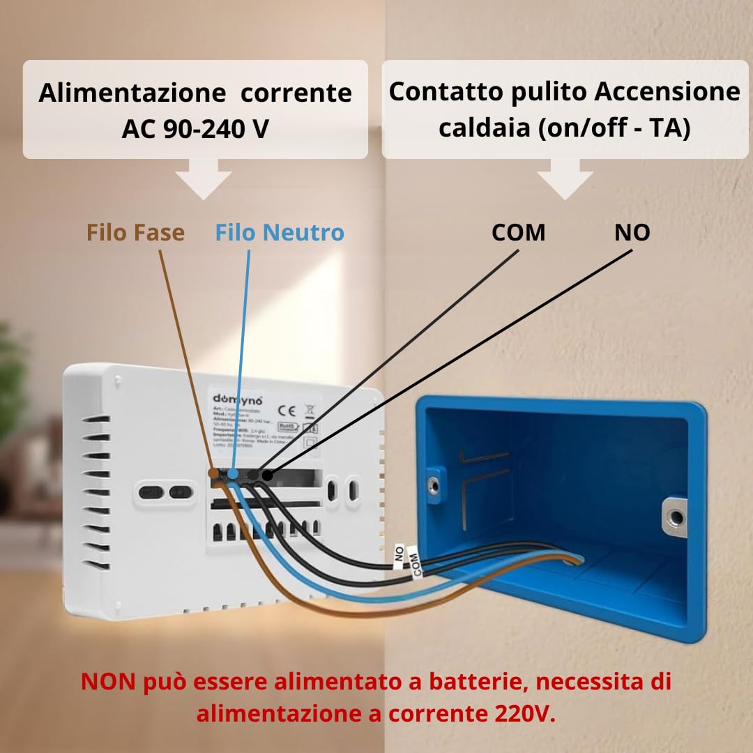 CRONOTERMOSTATO WIFI PROGRAMMABILE SMARTPHONE APP ALEXA TERMOSTATO CALDAIA DA PARETE O BOX 503 ALIMENTAZIONE 90-240 Vac