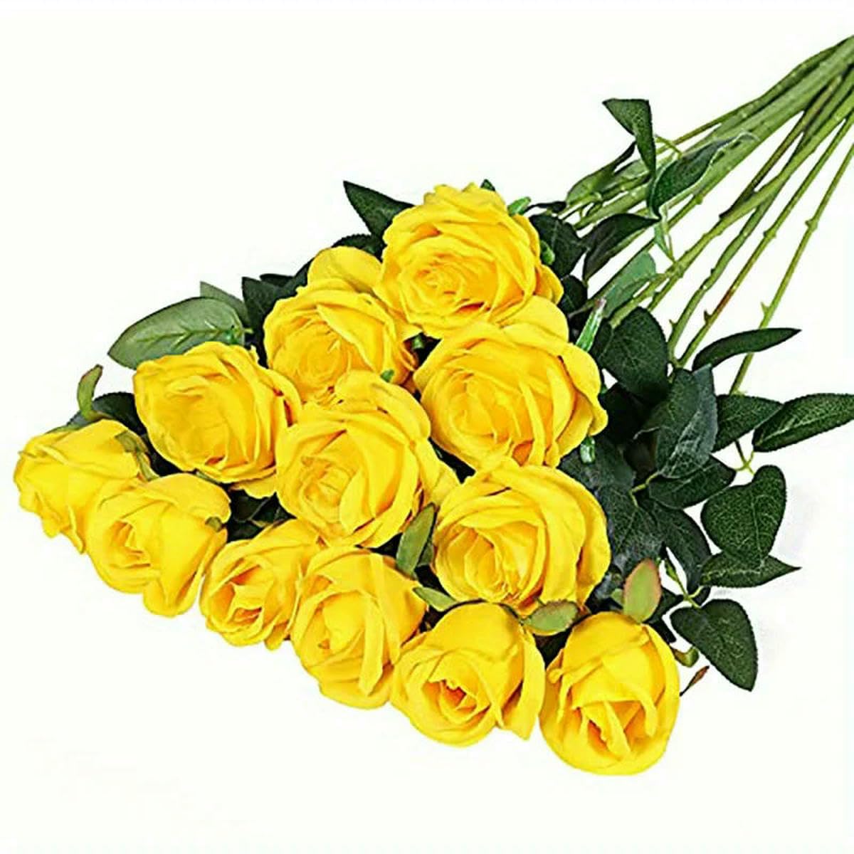 AYHTUD 12pcs Realistic Artificial Rose Bouquet for Weddings, Birthdays, and More for Floral Arrangements and Home Decor-Yellow