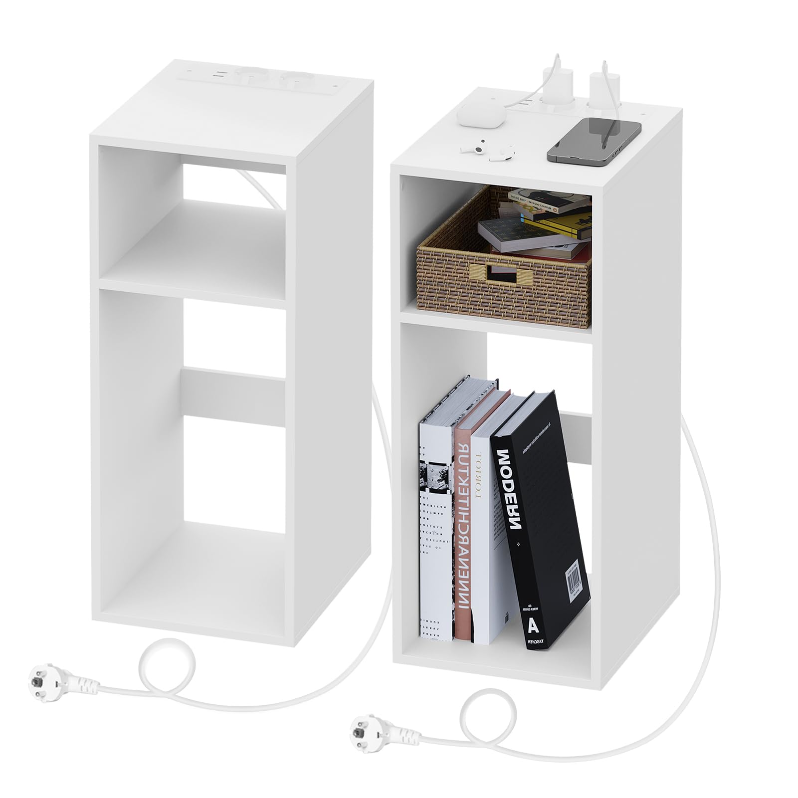 WOLTU 2er Set Nachttisch mit Ladefunktion, schmaler Kleiner Beistelltisch mit 2 Steckdosen 2 USB-Anschlüssen 2 offenen Fächer, Couchtisch mit Stauraum, 25x60x30 cm, für Schlafzimmer, Weiß, NTS06ws-2