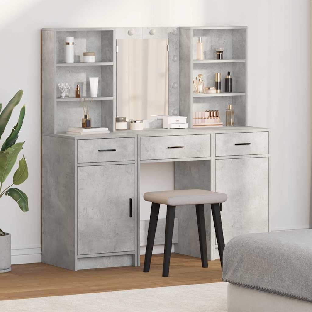 Schminktischset mit LED Beleuchtung, 3 pcs Beton Grau Holzwerkstoff, mit Schublade, Spiegel, Stauraum und Schrank für Schlafzimmer, Bad, Ankleidezimmer, modernes Styling und Ordnung