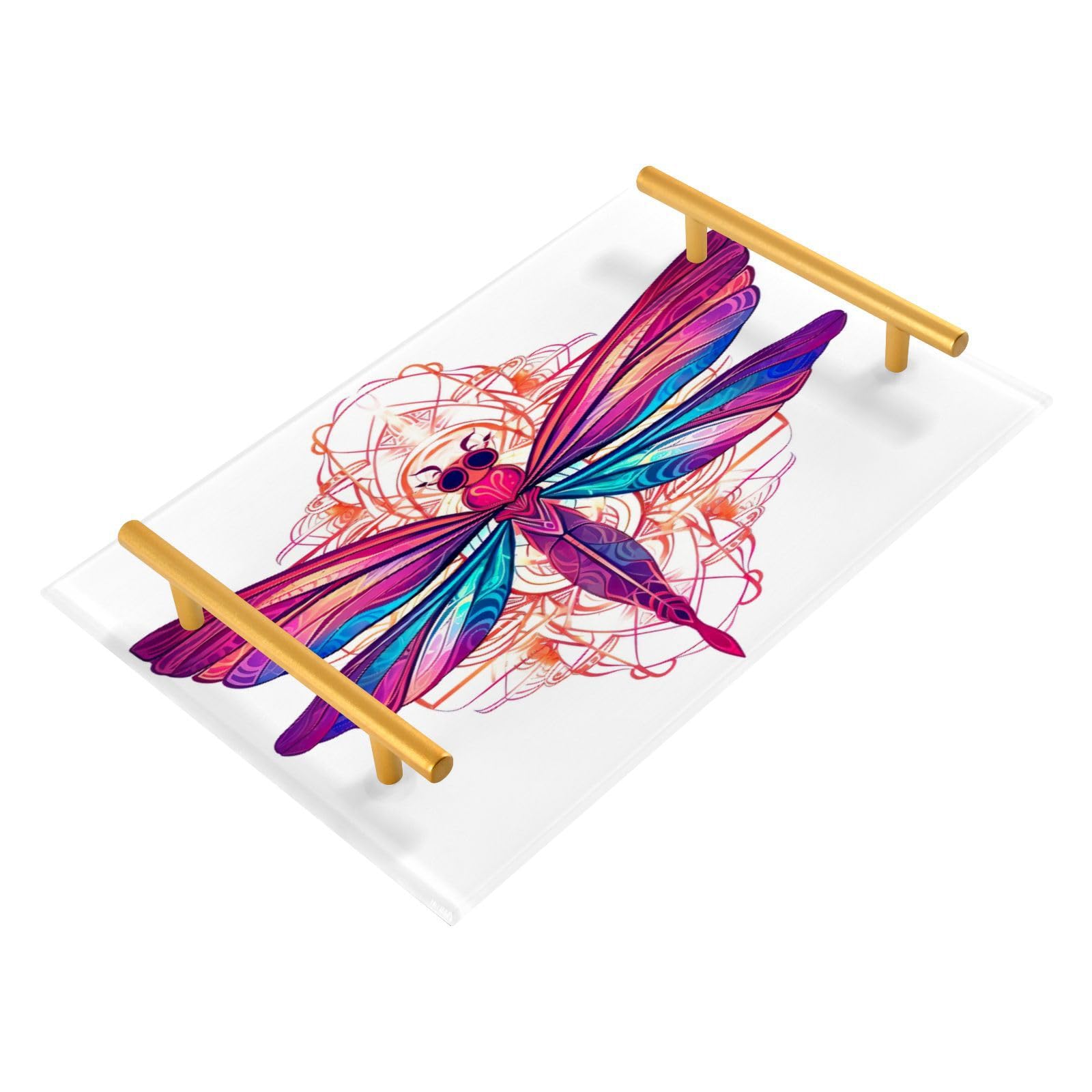 Kigai Beautiful Dragonfly Bathroom Vanity Tray Acrylic Rectangular Tray with Handles Non-Slip Bathroom Kitchen Dresser Countertop Organizer for Home Decor 11.8x7.87 in, E03T22003